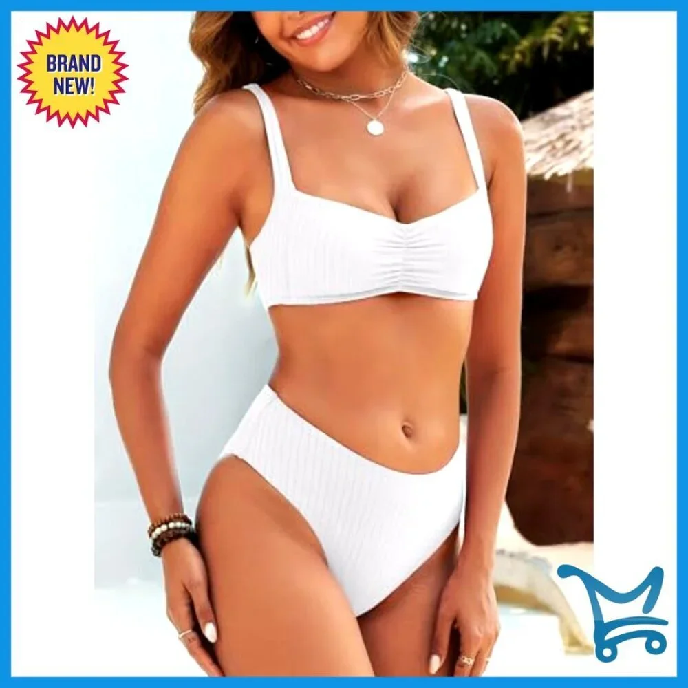 Ribbed Ruching Two Piece Swimsuit Adjustable Straps Wire Free Bikini Set
